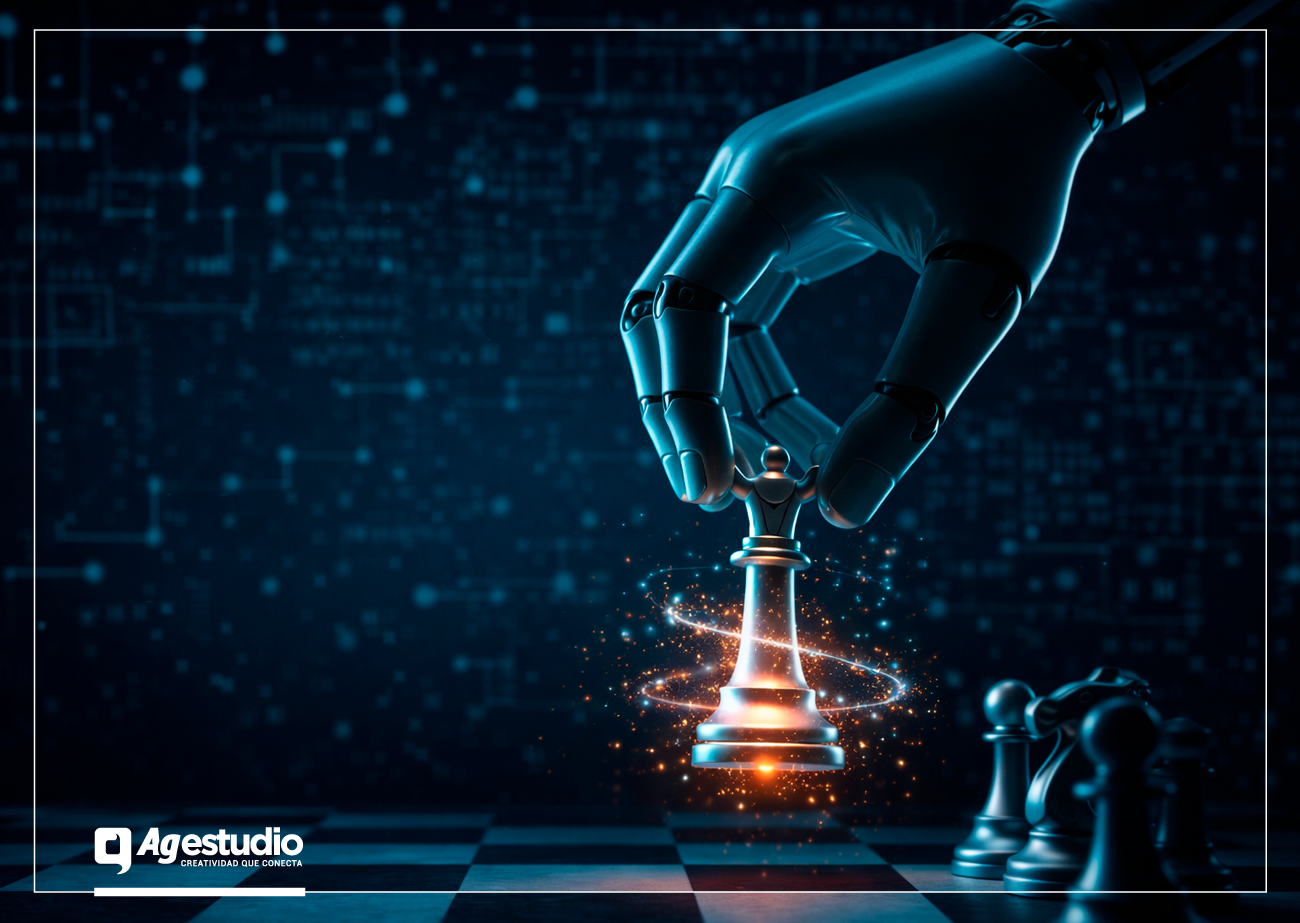 Mano robótica moviendo una pieza de ajedrez como metáfora del branding, la reputación y el valor de marca en la era de la inteligencia artificial.