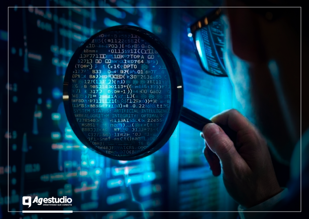Experto analizando código fuente a través de una lupa iluminada, representando la validación técnica y humana sobre los resultados de la Inteligencia Artificial.